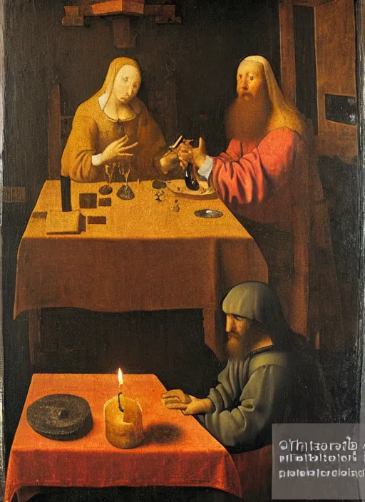 Image similar to a candlelit table at the inn, two people sitting at the table, swirling smoke, dark smoke, realistic, in the style of leonardo da vinci, dutch golden age, amsterdam, medieval painting by jan van eyck, johannes vermeer, florence