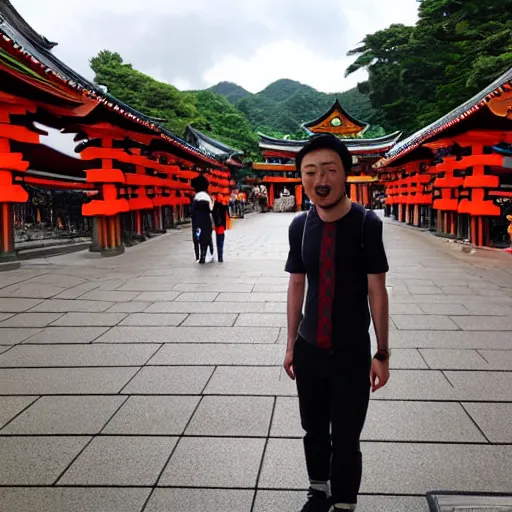 Prompt: photo of super mario visiting fushimi inari shrine