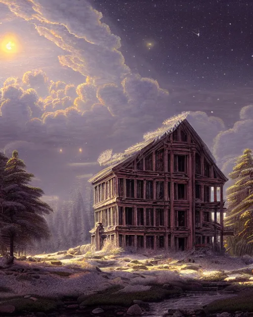 Image similar to a beautiful very detailed painting of city building tundra architecture nature abandoned urbex industrial architecture unfinished building by asher brown durand, sunlight infrared nightsky meadow, archdaily, wallpaper, highly detailed, trending on artstation.