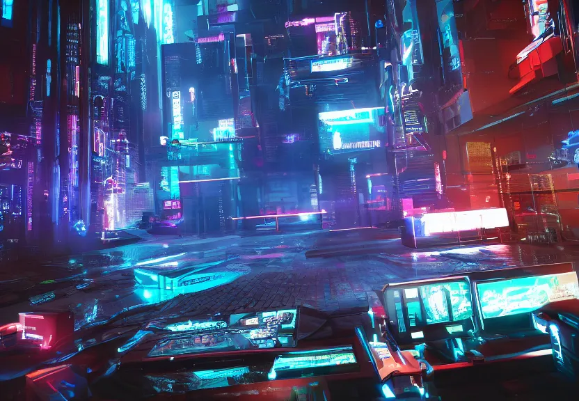 Prompt: cyberpunk computer running a videogame, highly detailed