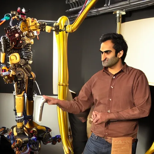 Image similar to animatronic Kumail Nanjiani, exposed mechanics, photo, Stan Winston studios, detailed, 4k