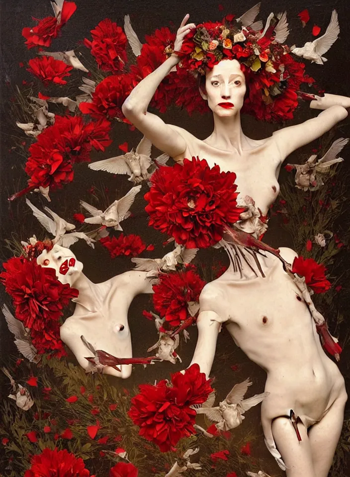 Prompt: flying birds, a mannequin with wreath of flowers on head, dressed in dress made of red liquid wax, bones, rose petals, flying birds, dark classic interior, full-length, wide angle, epic, oil painting in a renaissance style , very detailed, red background, painted by Caravaggio, Greg rutkowski, Sachin Teng, Thomas Kindkade, Alphonse Mucha, Norman Rockwell, Tom Bagshaw.