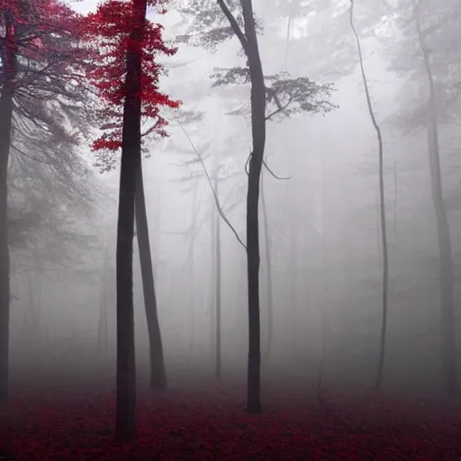 Prompt: a dark evil forest where the entire forest floor is covered in dark red leaved, blood red leaves, atmospheric fog, moon lit, vague outline of a dark figure