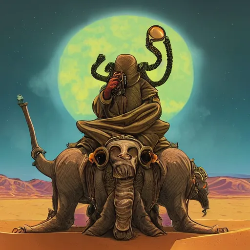 Image similar to several stoner merchants in robes with integrated bong gas mask appliances, trucking bales of herbs across an alien desert with camel-like creatures in tow. Album art by Arik Roper