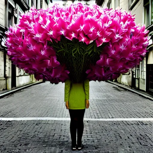 Image similar to giant rhododendron flower head, woman walking through city, surreal photography, cinema, realistic, symmetry, detailed, retro, wes anderson