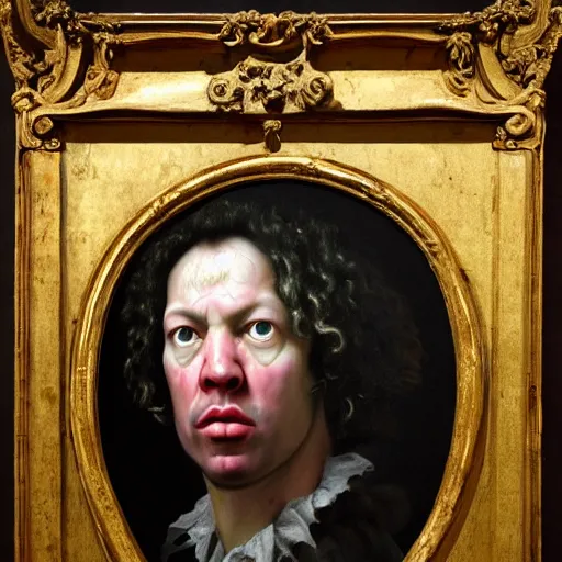 Image similar to A 17th century Baroque Painting of Dean Ween, grainy, realistic, hyperrealistic, very realistic, very very realistic, highly detailed, very detailed, extremely detailed, detailed, digital art, trending on artstation, detailed face, very detailed face, very detailed face, realism, HD Quality, 8k resolution, intricate details, body and head in frame, painting, oil painting, trending on deviantart, Baroque Painting