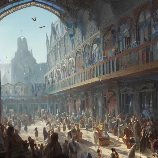 Image similar to a movimented market painted by jan baptist huysmans, adorned architecture, birds, nature, middle east, epic painting, cgsociety, beautiful, semirealism, artstation, volumetric light, octane render, sharpness, 8 k, golden ratio