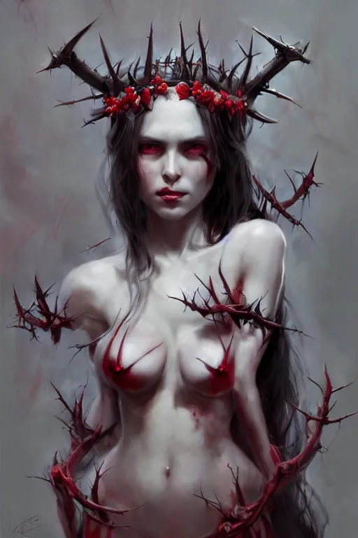 Image similar to Portrait of beautiful pale succubus maiden with crown of thorns, and devil's horns, red lighting, digital art by Ruan Jia and Mandy Jurgens and Artgerm, highly detailed, trending on artstation, award winning,