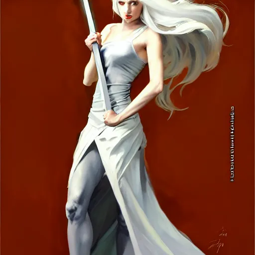 Image similar to greg manchess painting of queen of zokra, silver white hair, long gown, sorceress sword, soft lighting, trending on artstation, by huang guangjian and gil elvgren and sachin teng