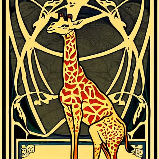 Image similar to art nouveau poster of a giraffe