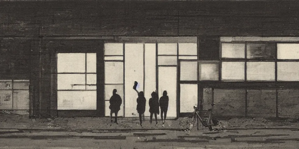 Prompt: people stanting in front of an abandoned place at night, by keita morimoto