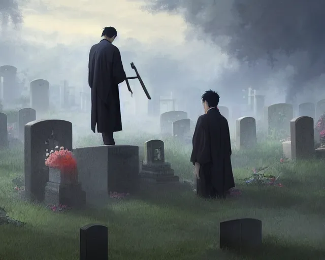 Image similar to a 50 year old brunnete chinese man Standing at a funeral in a cemetery next to the grim reaper, horror scene, dramatic, anime art, Greg Rutkowski, studio ghibli, dramatic lighting