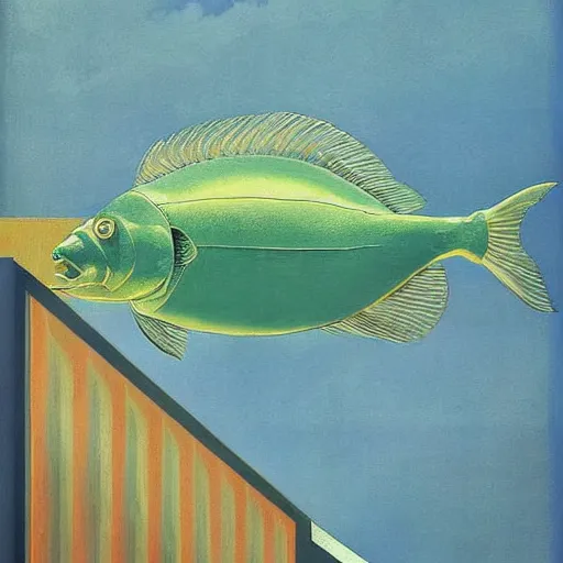 Prompt: symetrical reflective hyperrealistic space rectangle carp estuary poltergeist papaya , by Edward Hopper and Georgia O'Keeffe and Peter Gric , Marvel Comics , seapunk , movie poster