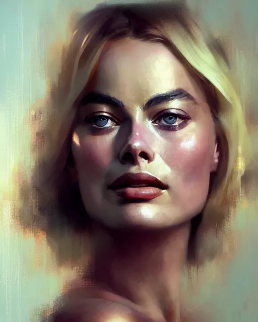 Image similar to Full view realistic portrait of actress margot robbie, masterpiece by Craig Mullins Artgerm in the style of Ruan Jia, wlop, Ross Tran, detailed and realistic, soft lighting, intricate details, realistic, full view, Artstation, CGsociety