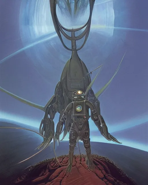 Image similar to a painting of a man standing in front of a giant alien, poster art by les edwards and by ralph mcquarrie and by peter elson, cgsociety, space art, lovecraftian, cosmic horror, poster art