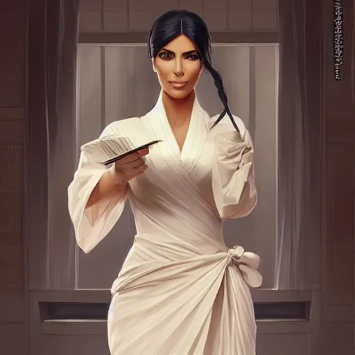 Image similar to kim kardashian in メイト 服 japanese maid uniform, intricate, elegant, highly detailed, digital painting, artstation, pixiv, concept art, smooth, sharp focus, illustration, art by artgerm and greg rutkowski and alphonse mucha