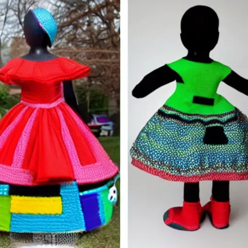 Image similar to a dress made entirely of children toys,