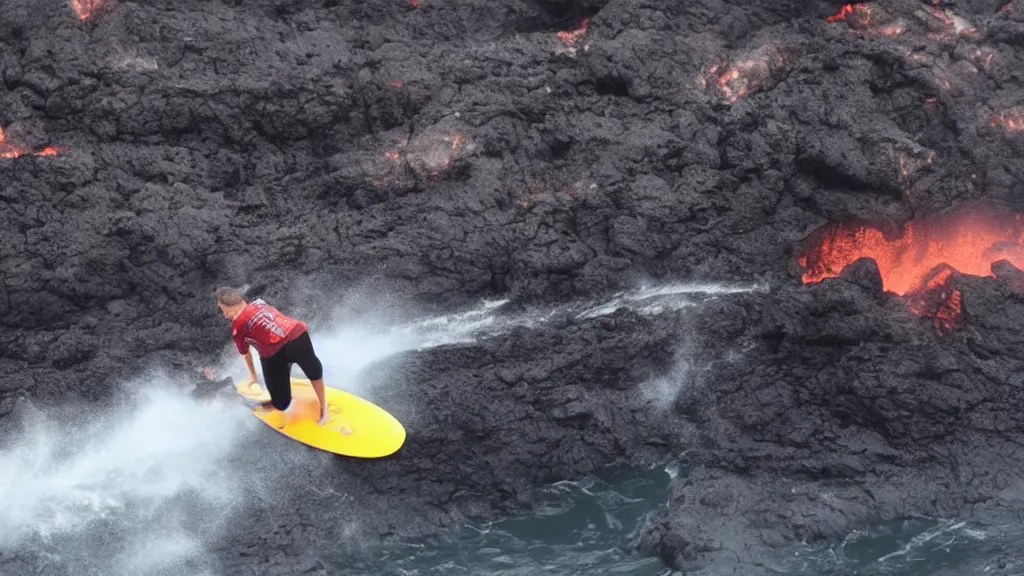 Image similar to person wearing a sponsored team jersey with logos surfing down a river of lava on the side of a volcano on surfboard, action shot, dystopian, thick black smoke and fire, sharp focus