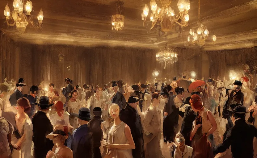 Image similar to craig mullins and ghibli digital painting of a 1 9 2 0 s grand party in a beautiful mansion, many partygoers, strong contrast, unreal engine, hyper realism, realistic shading, cinematic composition, realistic render, octane render, detailed textures, photorealistic, ultrawide shot, 3 5 mm film