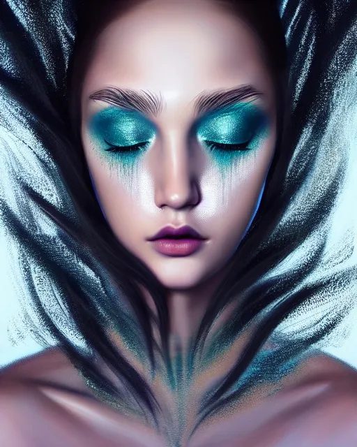 Image similar to ( ( ( portrait of mermaid ) ) ), zoom, rule of thirds, intricate, attractive, symmetrical!!, makeup, loreal, maybelline, sephora, loreal, artstation, art by greg rutkowski and gonzalo ordonez arias, and artgerm, filmic, vsco, moody, gotham, concept art, cg society,