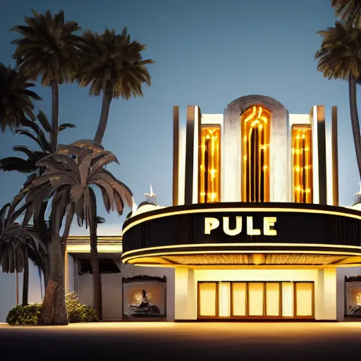 Image similar to beautiful exterior of art deco palace movie theater at night premiere, pillars, dust, dark, long shadows, atmospheric, gold and black marble lacquered, palm trees, luxury architecture, low angle, dynamic cinematic light, 3 5 mm, realistic, insanely detailed, hyper detail, hyper real, unreal engine render, 8 k