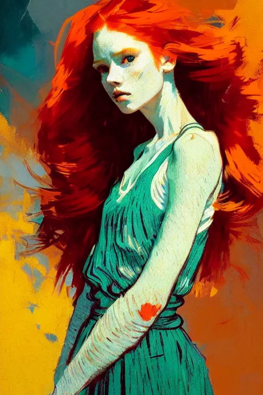 Image similar to portrait of a beautiful redhead girl, complementary colors, beautiful face, rule of thirds, intricate outfit, spotlight, by greg rutkowski, by jeremy mann, by francoise nielly, by van gogh, digital painting