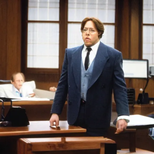 Image similar to James Spader as Alan Shore standing in a courtroom.