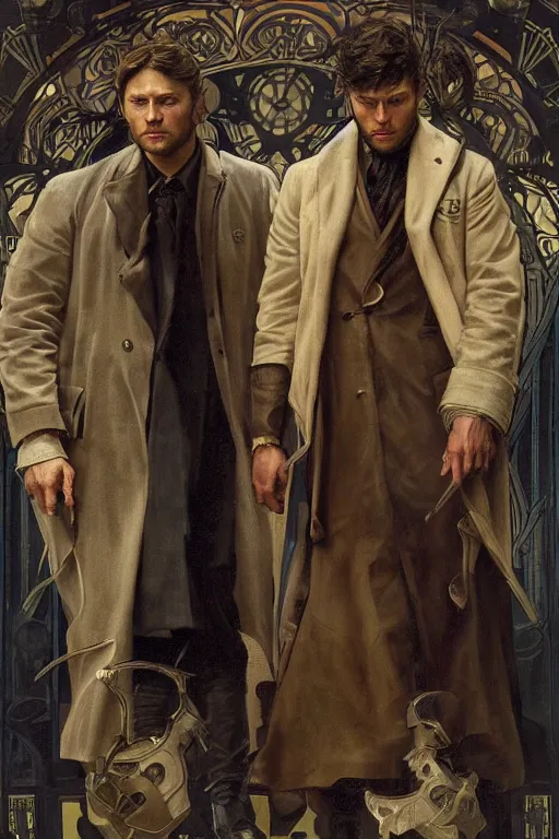 Image similar to a detailed matte portrait of jensen ackles and jared padalecki in a supernatural sherlock holmes story, masterpiece, 8 k, art by alphonse mucha and greg rutkowski