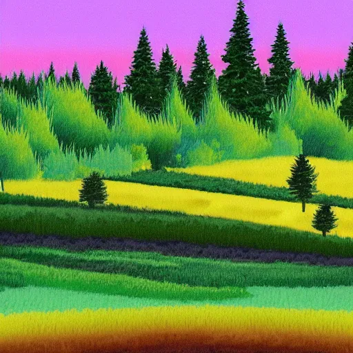 Prompt: Bob ross painting of a field with trees in it, corrupted, glitched