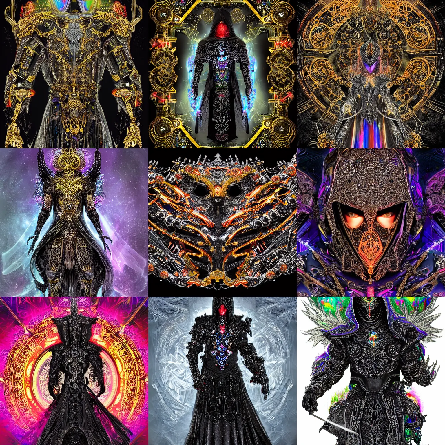 Prompt: A hooded warrior entity wearing a partially cybernetic intricate ornate black cloak brandishes a powerful intricate ornate sword (concept art, intricate futurism, scifi, intricate black armor encrusted in iridescent microchips and ornate precious colorful crystals, highly detailed elegant cybernetic body, iridescent, vivid rainbow of colors, iridescent glistening smoke, digital painting, gold sparks, artstation, concept art, smooth, symmetric, elegant, ornate, luxury, elite, matte painting, cinematic, trending on artstation, deviantart and cgsociety)