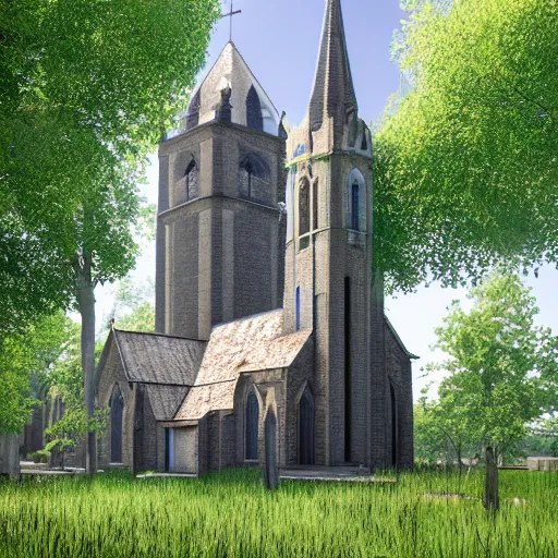 Image similar to church covered with vegetation volumetric lighting unreal engine vray tilt shift sun rays matte painting hyperrealism deviantart 8 k 3 d