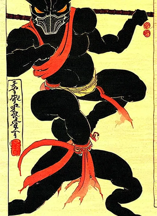 Prompt: mortal kombat's scorpion as a yokai illustrated by kawanabe kyosai and toriyama sekien