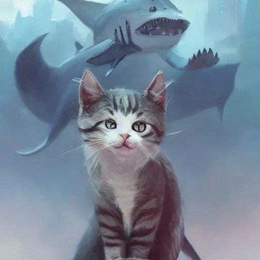 Image similar to cute cat with shark tail, smooth, artstation, digital illustration by Ruan Jia and Mandy Jurgens and Artgerm and Wayne Barlowe and Greg Rutkowski and Zdislav Beksinski