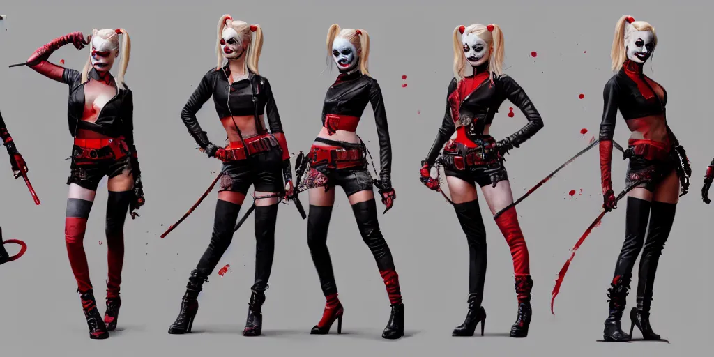 Image similar to margot robbie as scary harley quinn, character sheet, concept design, contrast, hot toys, kim jung gi, greg rutkowski, zabrocki, karlkka, jayison devadas, trending on artstation, 8 k, ultra wide angle, pincushion lens effect