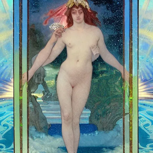 Image similar to Demon Girl at the palace, refracted sparkles, thunderstorm, greek pool, beach and Tropical vegetation on the background major arcana sky, by paul delaroche, alphonse mucha and arnold böcklin, hyperrealistic 8k, award-winning, very very very detailed