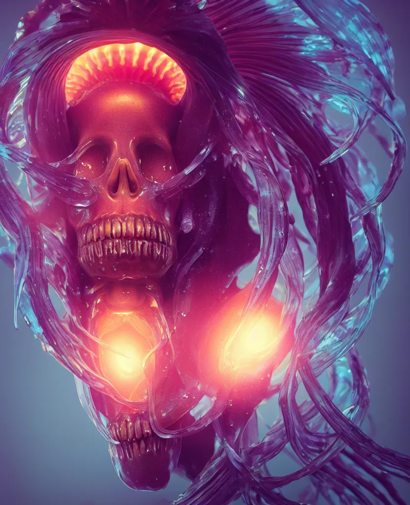 Image similar to goddess close-up portrait ribcagel. jellyfish phoenix head, nautilus, orchid, skull, betta fish, bioluminiscent creatures, intricate artwork by Tooth Wu and wlop and beeple. octane render, trending on artstation, greg rutkowski very coherent symmetrical artwork. cinematic, hyper realism, high detail, octane render, 8k