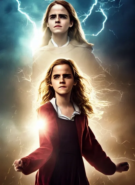 Prompt: Movie poster, Emma Watson as Hermione Granger, dark, thunderstorm, extremely detailed, award winning, 4K