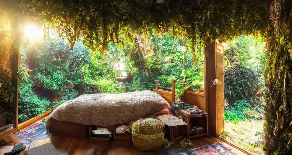 Image similar to a cozy mancave with an overgrown entrance, studio Ghibli style, golden hour