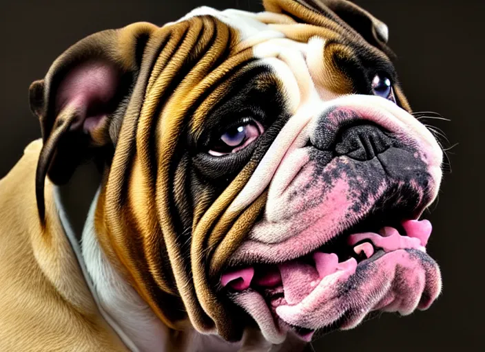 Image similar to a closeup, 4 5 mm, detailed photograph of a famous english bulldog rockstar holding a gitar, beautiful low light, 4 5 mm, by franz lanting