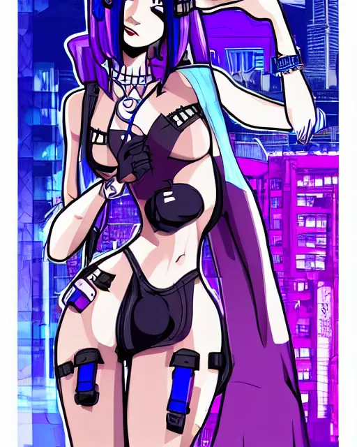 Image similar to cel shaded art of a pretty blue haired girl standing next to a purple lamborghinil, jet grind radio graphics, cyberpunk city street background