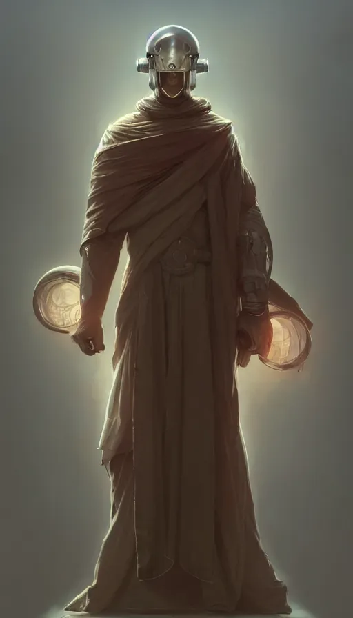 Image similar to full body Character design of a scifi religious monk with helmet, symmetrical, center punched, Archviz, elegant, intricate, digital painting, artstation, concept art, smooth, sharp focus, illustration, art by artgerm and greg rutkowski and alphonse mucha