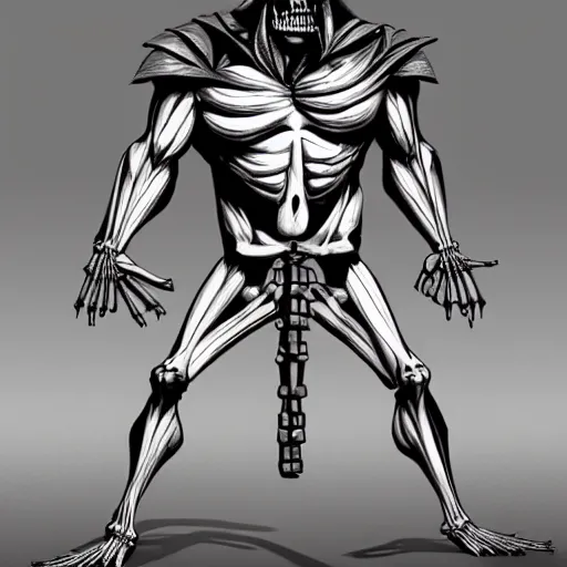 Prompt: A Large Muscular man with a Skeleton Head, high quality digital concept art