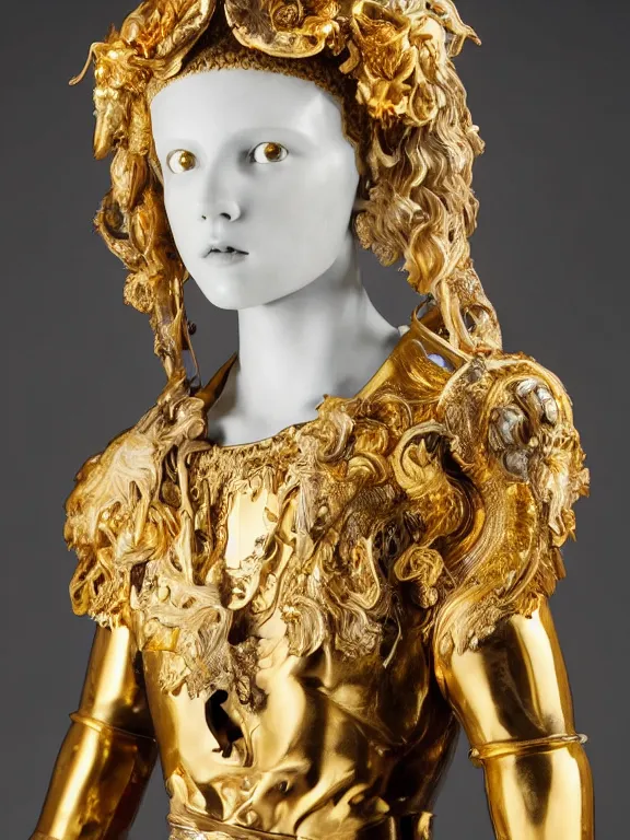 Image similar to a backlit art nouveau marble head and torso sculpture of a worried young millie bobby brown with long, flowing hair, wearing intricate gold plate armor on her chest and an elaborate golden helmet, delicate, intricate, smooth, beautiful, glowing, by charles van der stappen