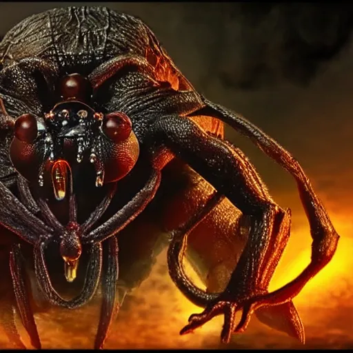 Prompt: shelob from lord of the rings, spider, eating nappa from dragonball, cinematic, hd z