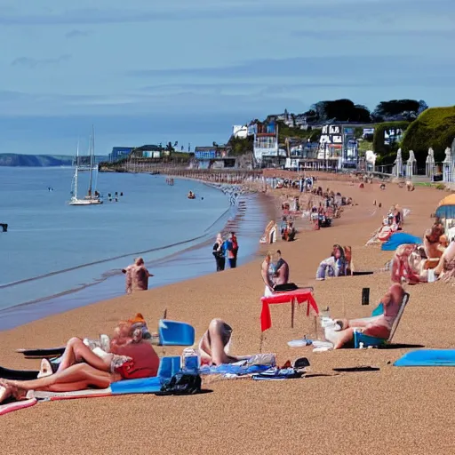 Prompt: photo of paignton seafront with sunbathers