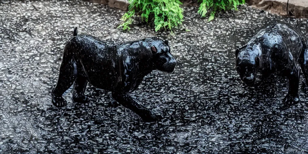 Image similar to the smooth black jaguar, made of smooth black goo, bathing in the tar moat in the zoo exhibit, viscous, sticky, full of tar, covered with black goo, splattered tar, dripping tar, dripping goo, splattered goo, sticky tar. photography, dslr, reflections, black goo, zoo, exhibit