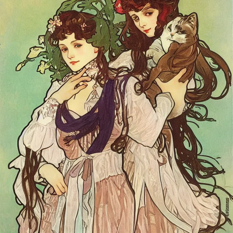 Prompt: sweet lolita and her cat companion. gouache painting by clamp and alphonse mucha.