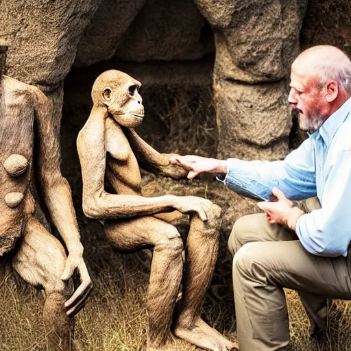 Image similar to Australopithecus meeting modern scientist, field researcher, proto-human meeting modern human, 2022 photograph, award-winning photo