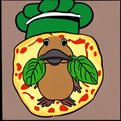 Image similar to cute platypus wearing a chef hat and holding a pizza with three basil leaves over the lasagna