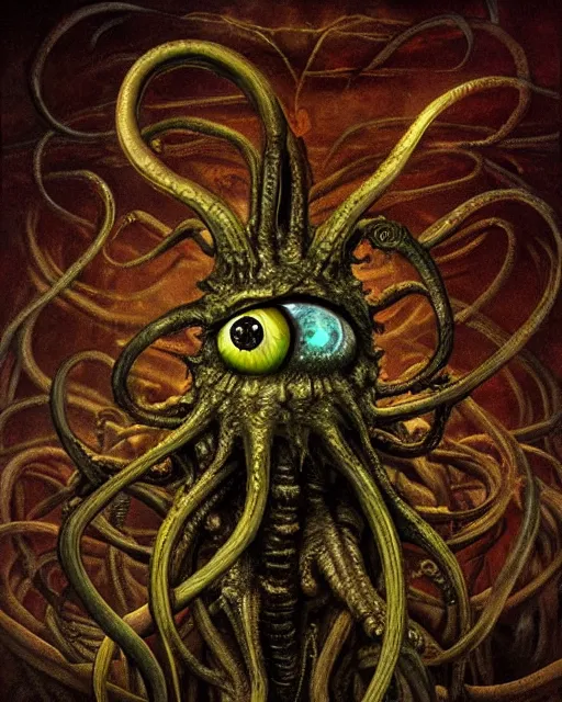 Image similar to gruesome creature with long tentacles and many eyes, endless eye, glowing eyes, too many eyes, midnight fog - mist!, dark oil painting colors, realism, cinematic lighting, various refining methods, micro macro autofocus, ultra definition, award winning photo, photograph by ghostwave - gammell - giger - shadowlord